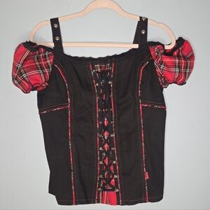 Tripp NYC Corset Top Y2K Black Red Plaid Gothic Punk Whimsigoth Size XXL